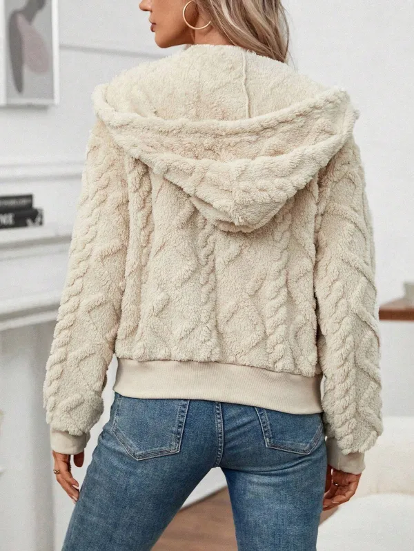 Women's Black Textured Plush Hooded Jacket