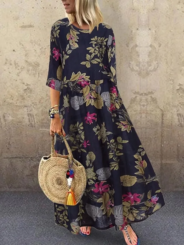 Women's Shift Dress Maxi long Dress Red Navy Blue Yellow Half Sleeve Floral Print Spring Summer Round Neck Casual Vacation Loose 2023 M L XL XXL 3XL 4XL 5XL