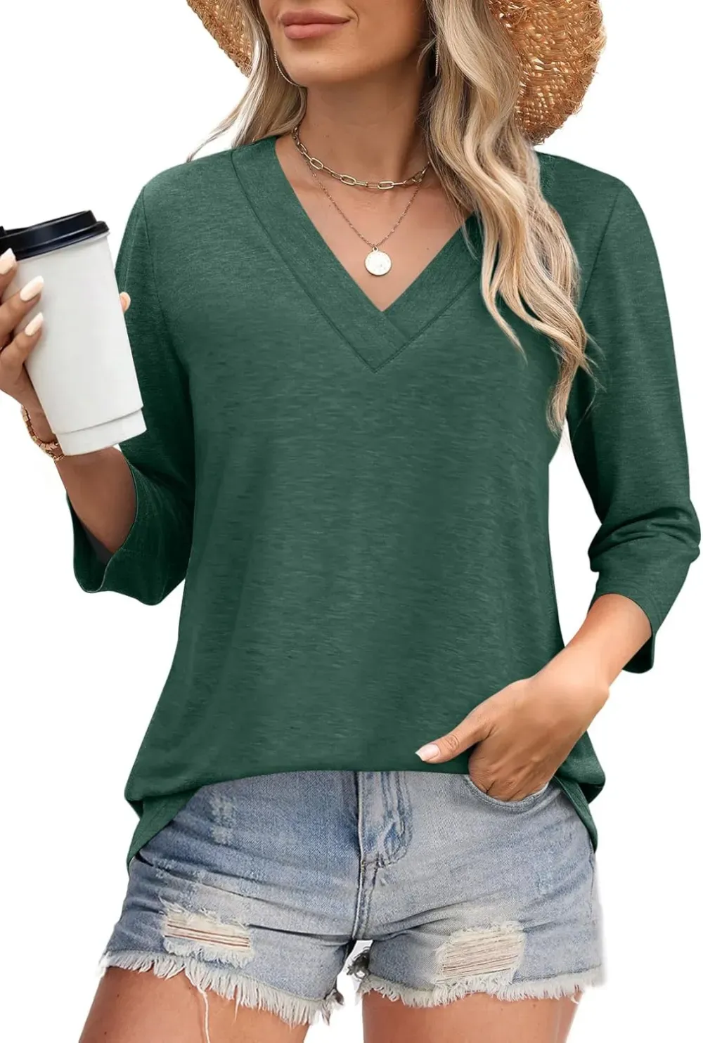✨Flash Sale Women's Trendy V Neck 3/4 Long Sleeve Tops Loose Fit Blouse