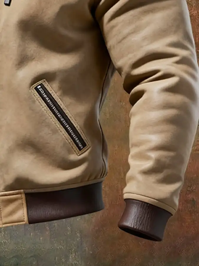 Men's Vintage Suede Leather Stitching Warm Multi-Pocket Outdoor Jacket