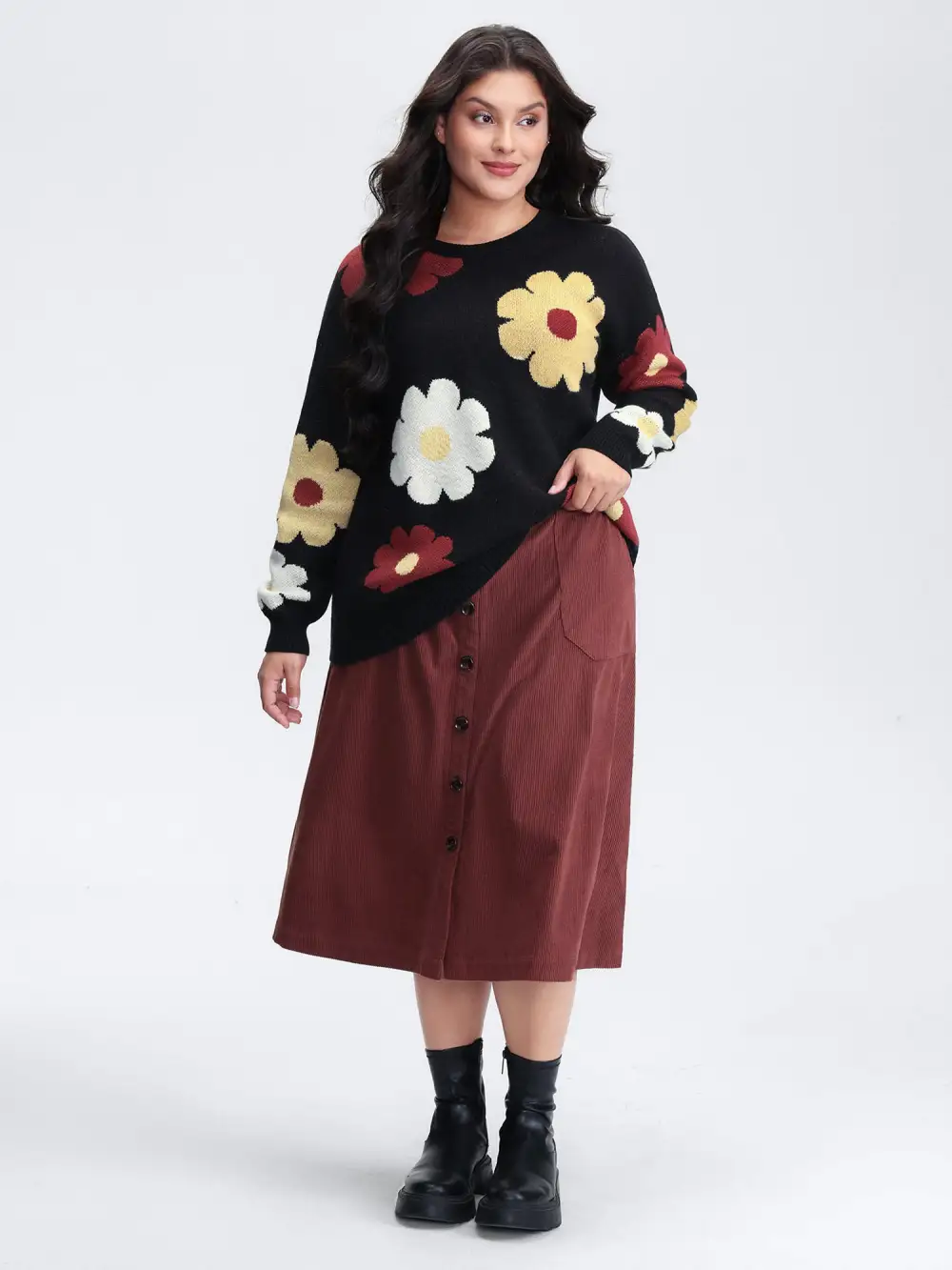 Flower Pattern Jacquard Crew Neck Pullover