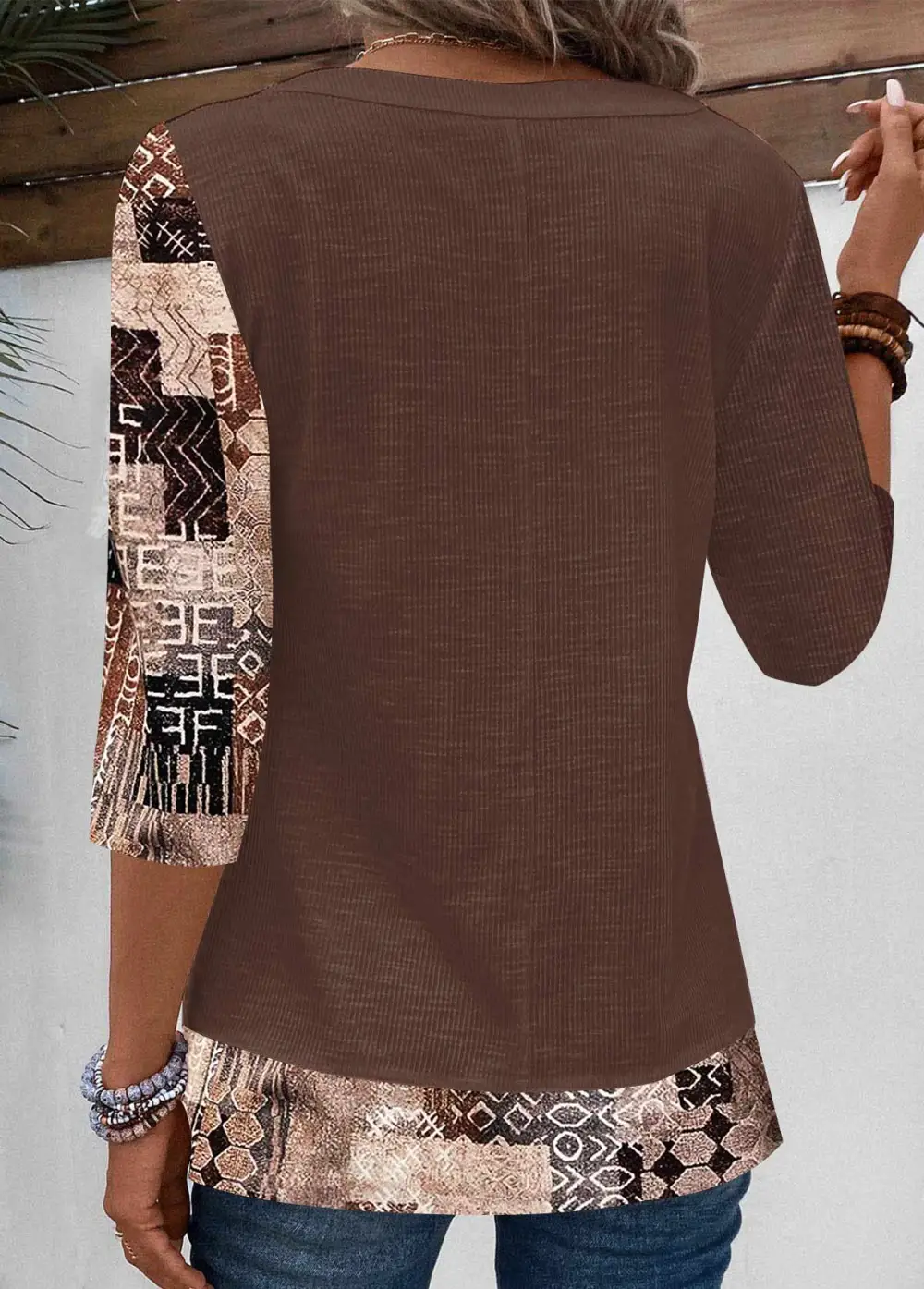 Patchwork Floral Print V Neck T Shirt