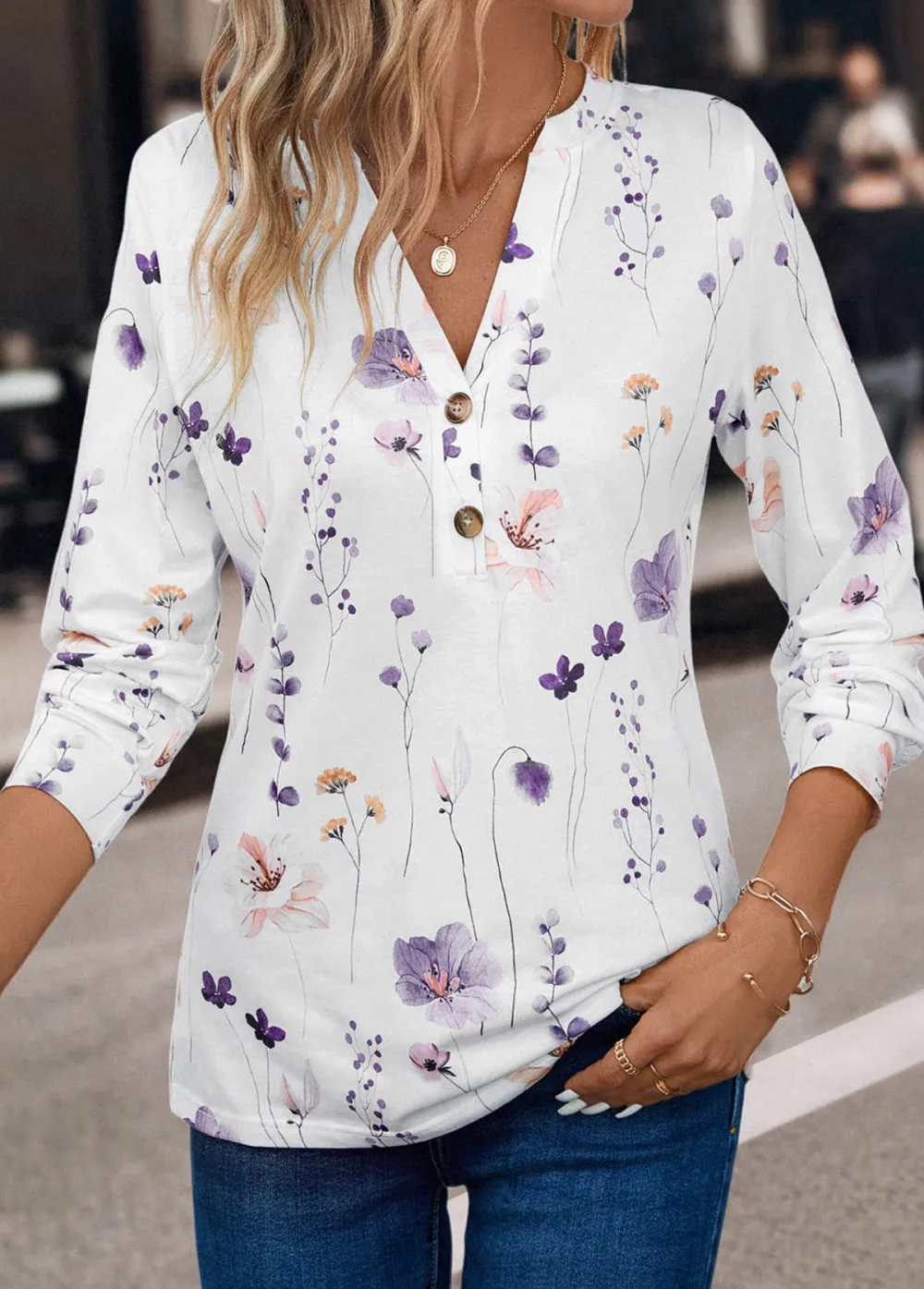 White Button Floral Print Long Sleeve T Shirt