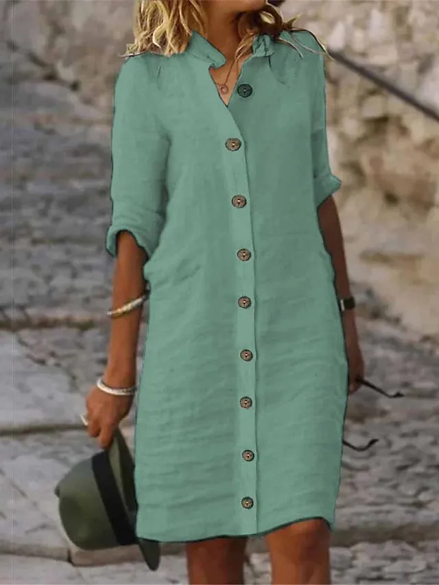Women's Cotton Linen button down Sundress Midi Dress 3/4 Sleeve Casual Loose Fit Summer Beach Black White Green