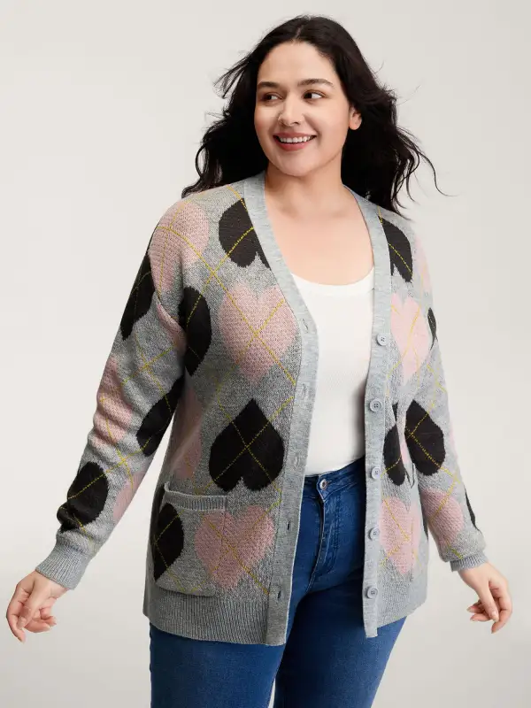 Cozy Hearts Jacquard Pattern Pockets Knit Cardigan