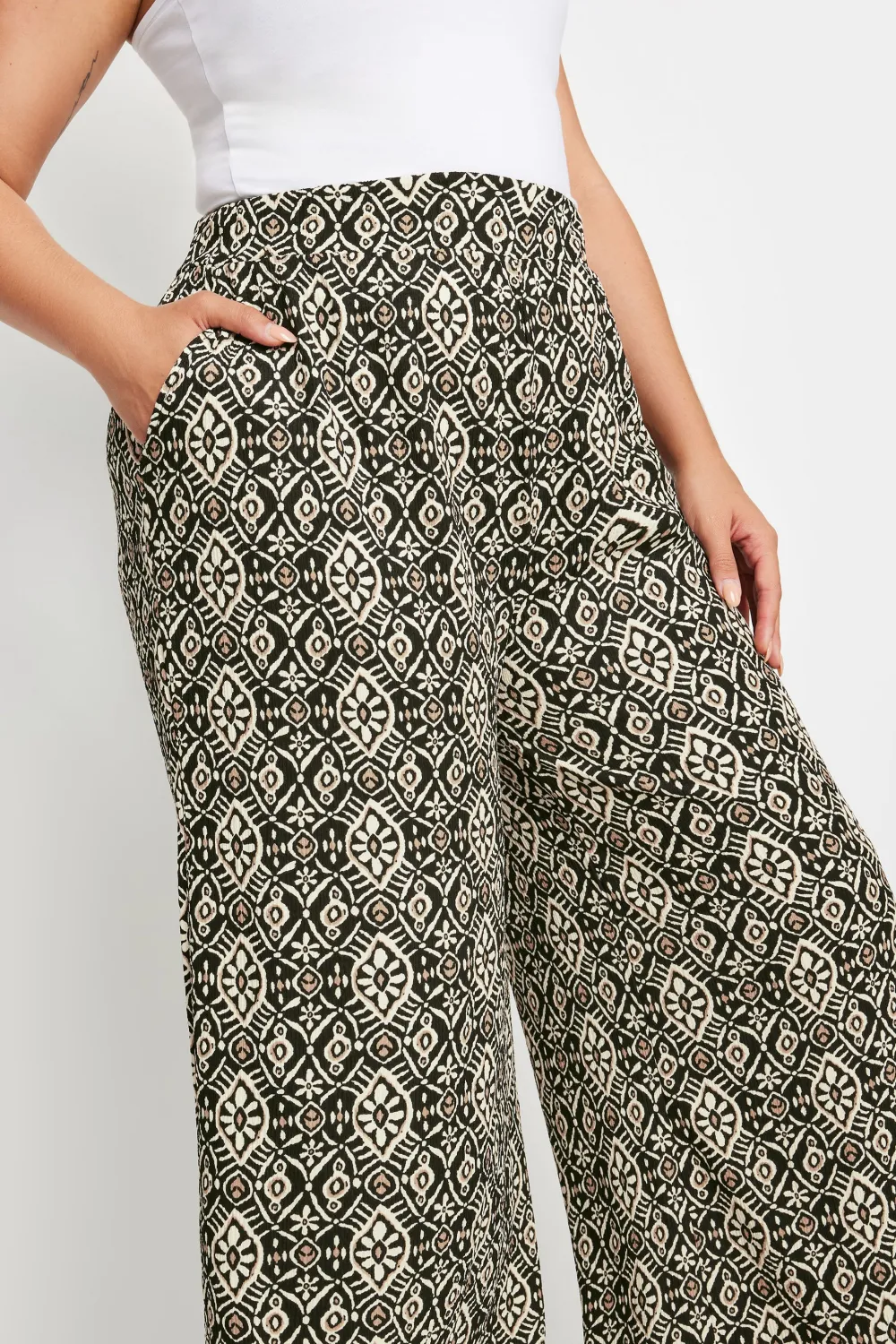 YOURS Curve Blue Abstract Print Textured Wide Leg Trousers