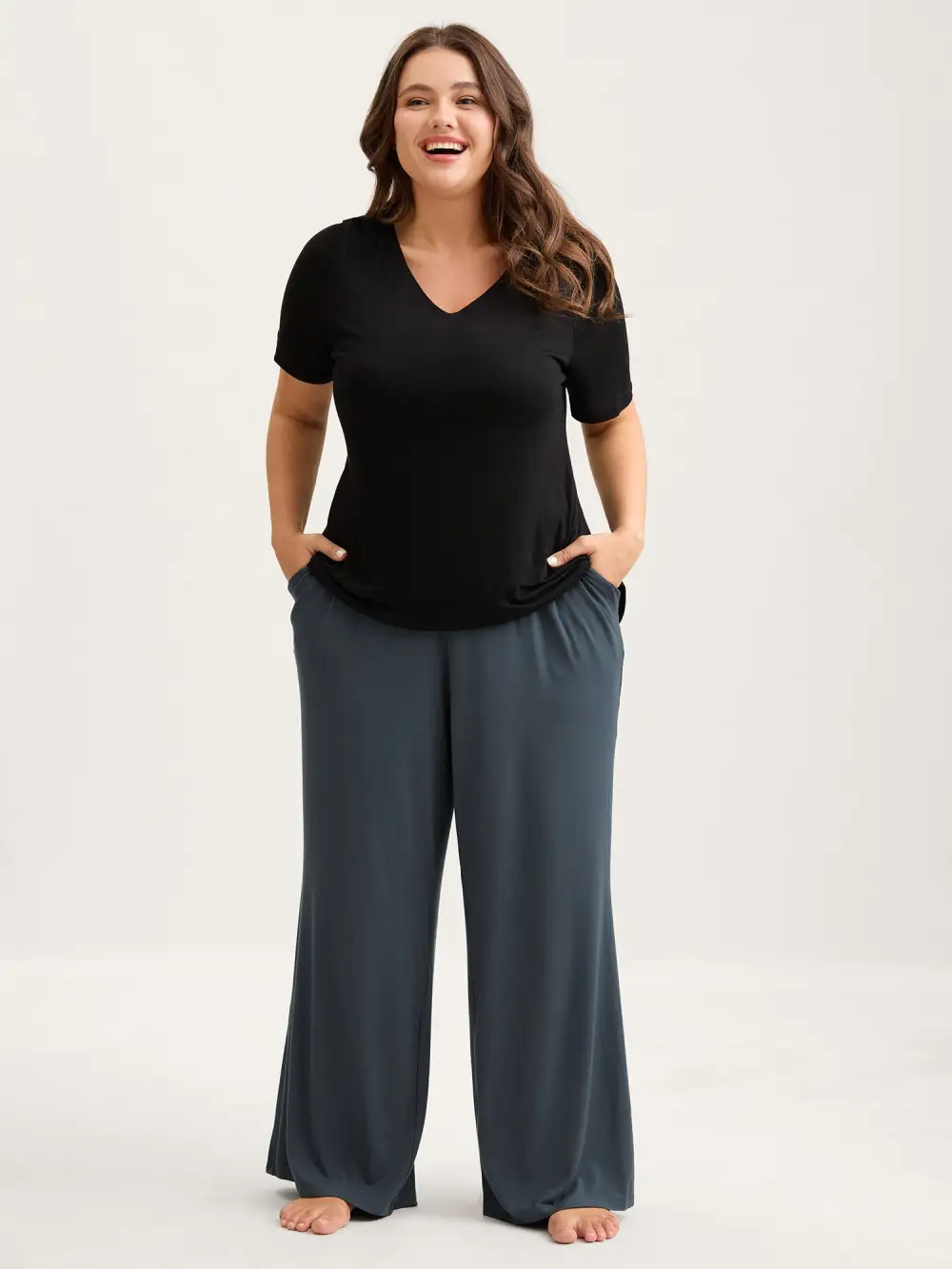 Solid Elastic Waist Wide Leg Lounge Bottoms