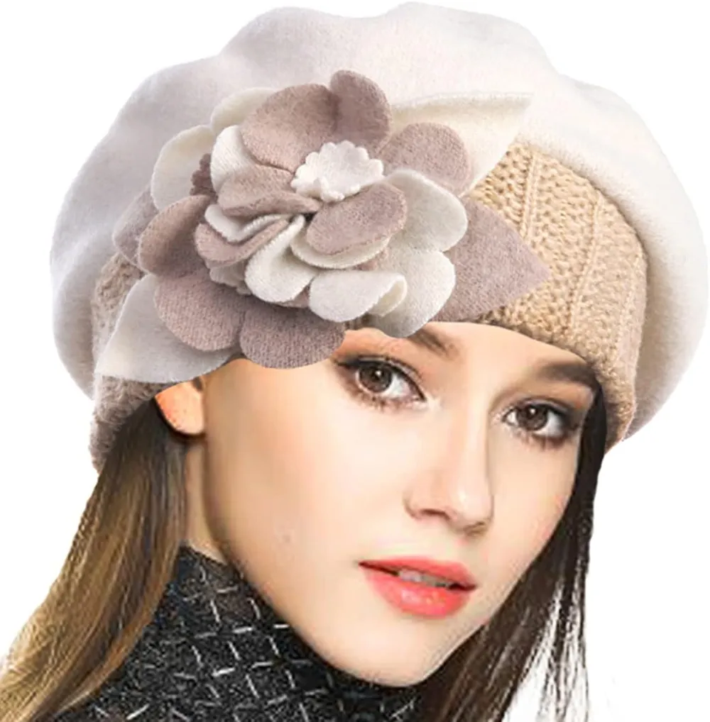 Lady French Beret 100% Wool Beret Floral Dress Beanie Winter Hat