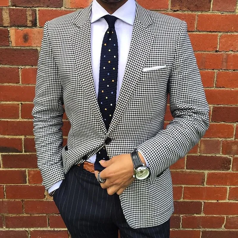 Men's Business Houndstooth Pattern Button Notch Lapel Blazer