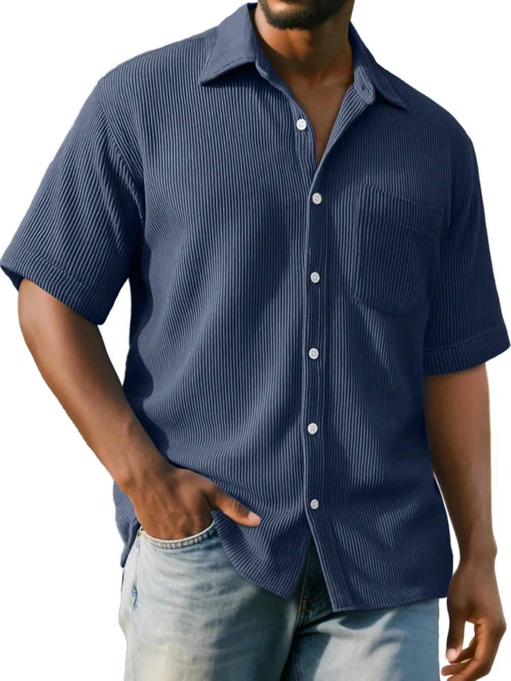 Men's Daily Ribbed Pocket Casual Comfort Solid Color Short Sleeve Shirt