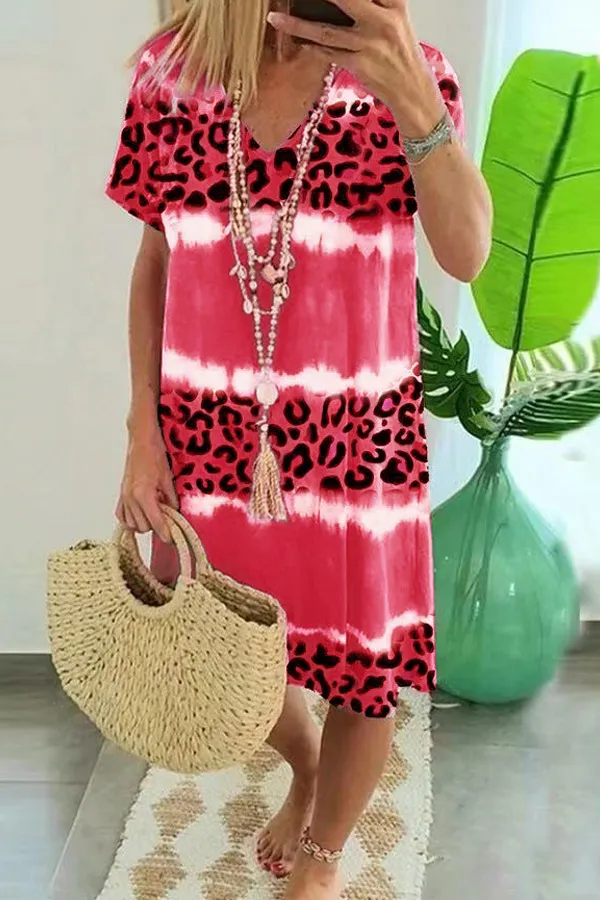 Colorblock Leopard Print V-Neck Dress