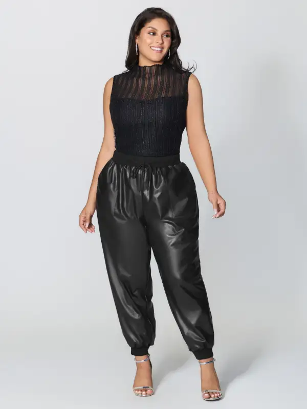 Ribbed Trim Spliced Leather Drawstring Pants