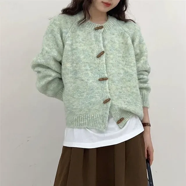 Women's Sweater Cardigan Elegant Fashion Streetwear Pure Color Crew Neck Pocket Knitted Long Sleeve Regular Tops Knit Outdoor Daily Weekend Yellow Light Green Fall Winter