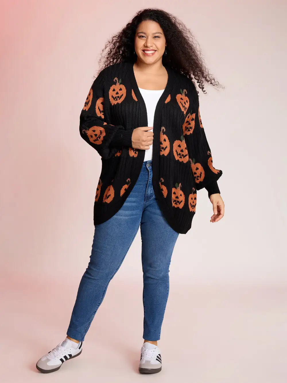 Haunted Pumpkin Print Curvy Hem Knit Cardigan