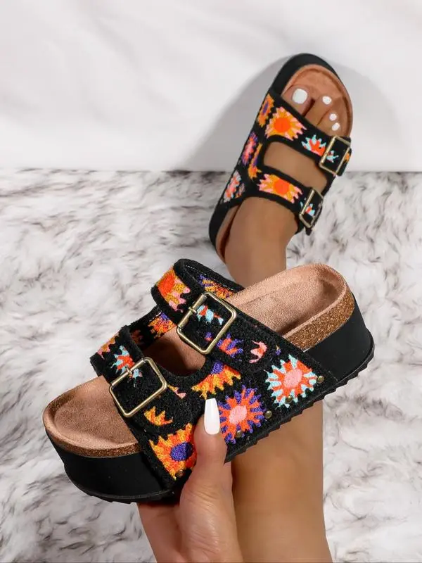 Women's Boho Embroidered Platform Sandals – Slip-On Beach Shoes
