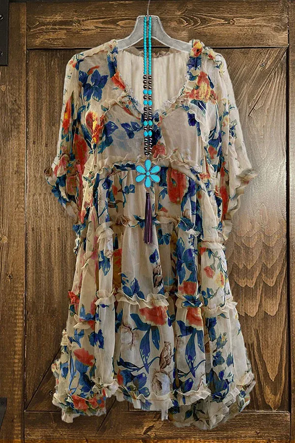 Vintage Floral Print Ruffled V-neck Dress