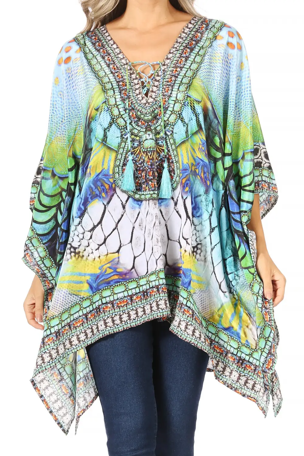 Women's Caftan Poncho Cover up V neck Top Lace up With Rhinestone