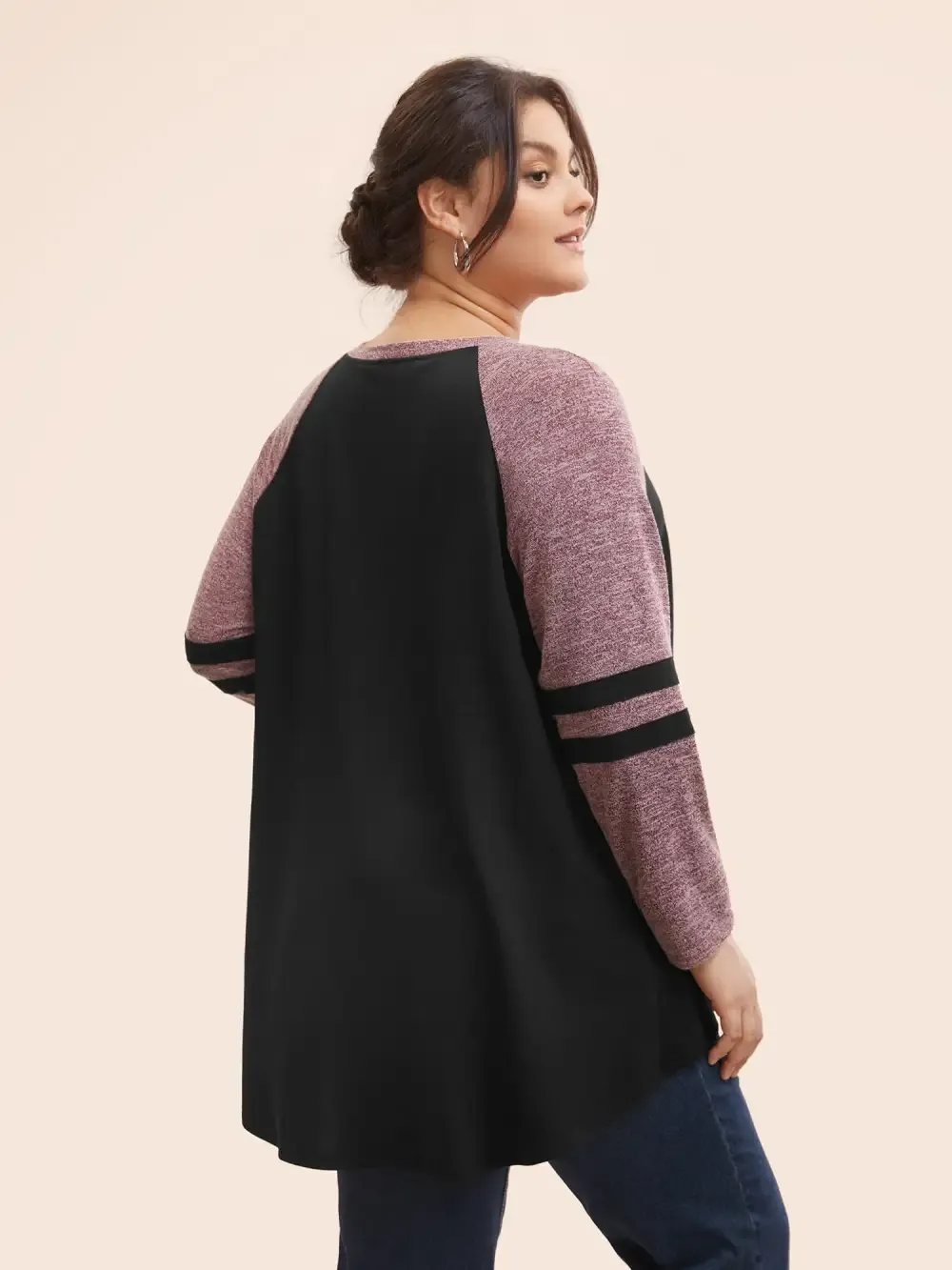 Striped Contrast Pocket Raglan Sleeve High Low Hem Sweatshirt