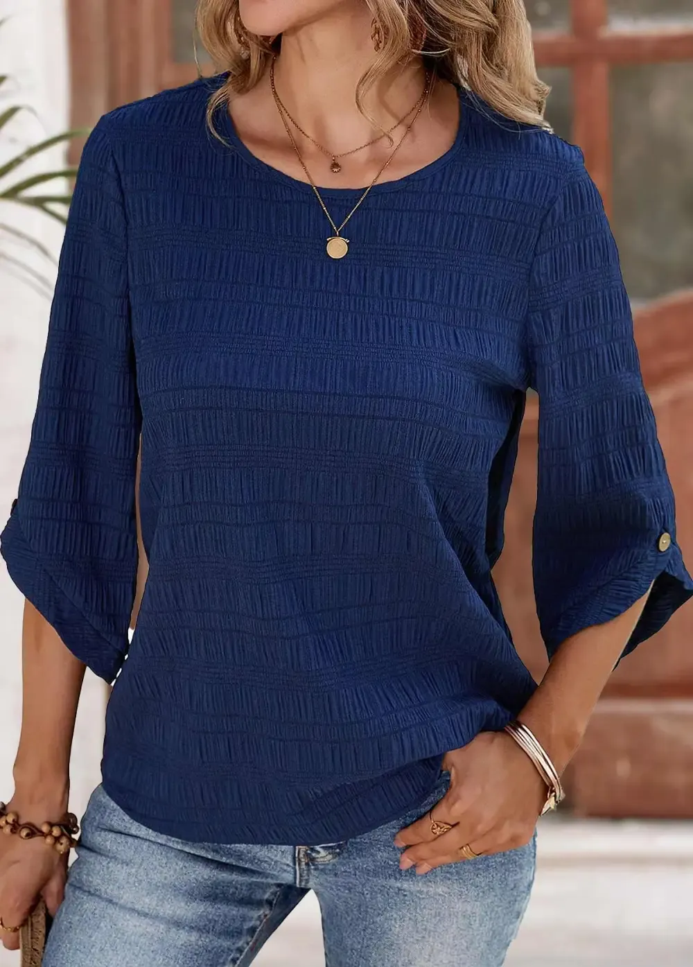 Navy Button 3/4 Sleeve Round Neck Blouse