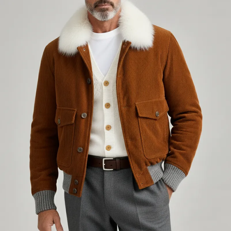 Men's Brown Corduroy Furry Collar Long Sleeve Knit Cuffs Flap Pockets Jacket