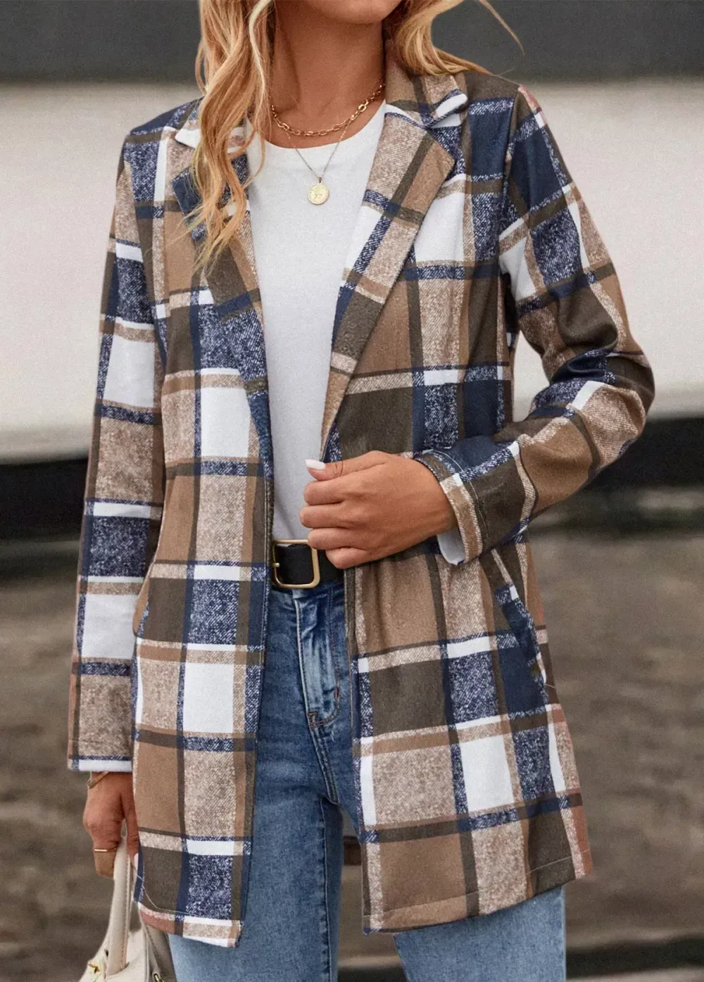 Dark Camel Pocket Plaid Long Sleeve Lapel Coat