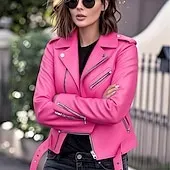 Women's Faux Leather Jacket Comfortable Full Zip Fashion Street Style Plain Outdoor Casual Daily Regular Turndown Regular Fit Long Sleeve Outerwear Silver Black Pink Spring Fall