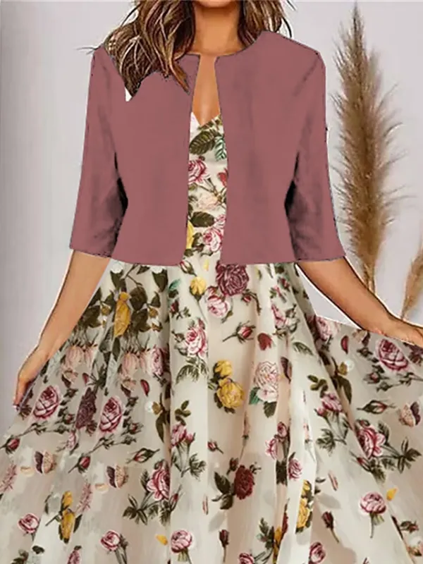 Women's Two Piece Dress Set Casual Dress Chiffon Dress Outdoor Daily Fashion Modern Print Midi Dress V Neck Half Sleeve Floral Regular Fit Red Summer Spring S M L XL XXL