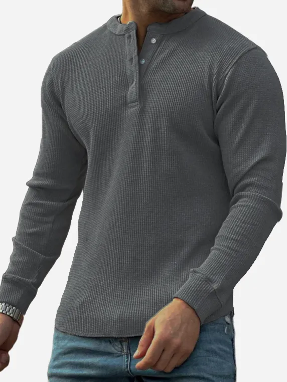 Men's Textured Waffle Trend Long Sleeve Lapel Henley