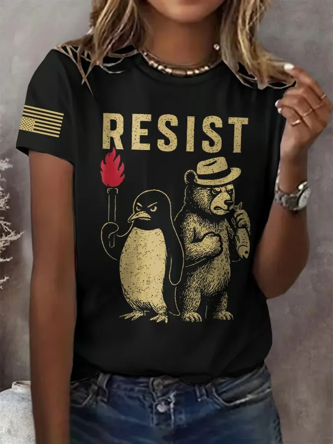 Women'S T-Shirt Vintage Bear And Penguin Anti-Print T-Shirt Pure Cotton Round Neck Short Sleeve