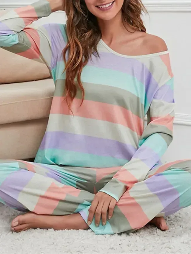 Women's Plus Size Pajamas Sets Nighty Pjs 2 Pieces Rainbow Stripe Fashion Comfort Soft Home Daily Bed Cotton Breathable V Wire Long Sleeve T shirt Tee Pant Fall Spring Blue Yellow