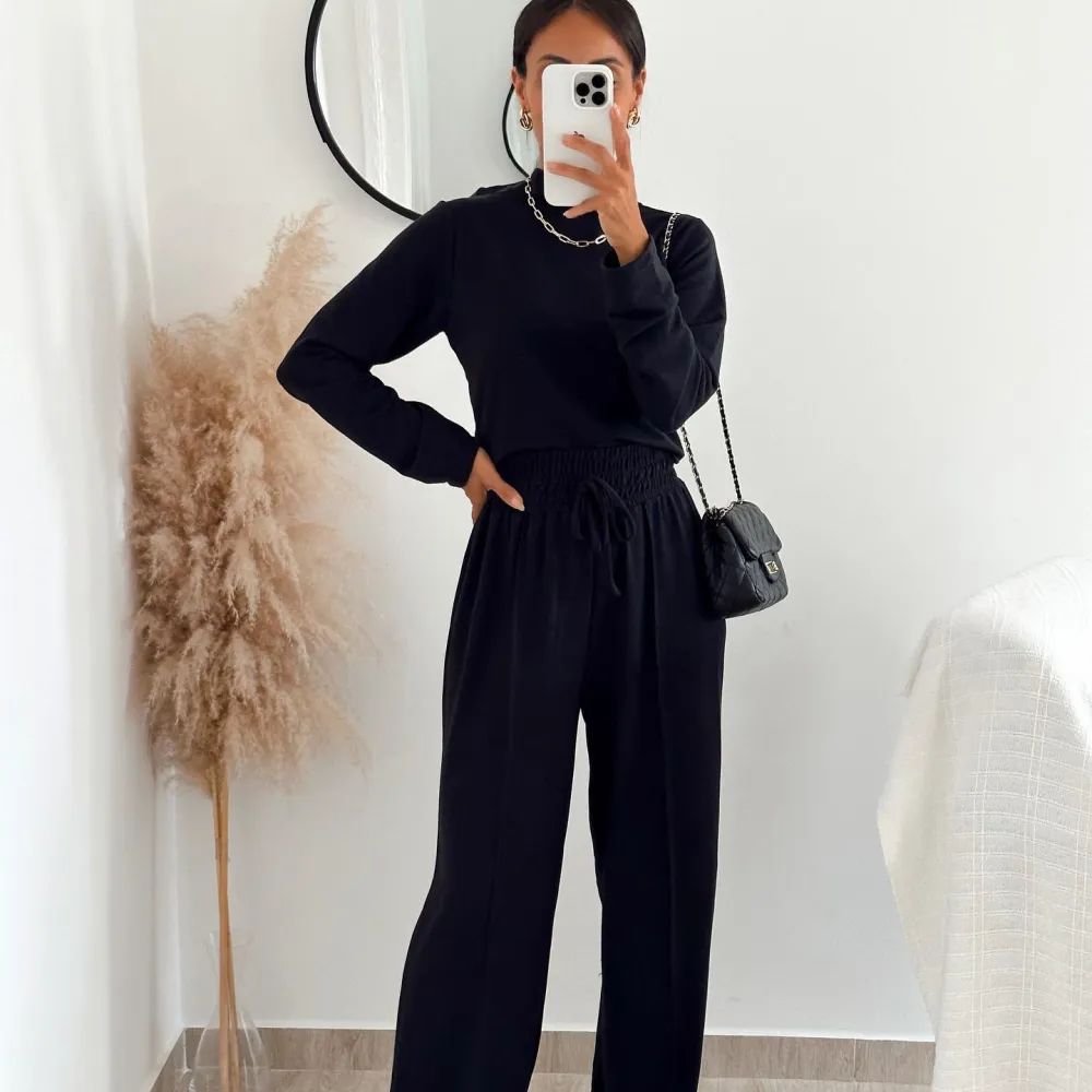 Solid color round neck wide leg casual set