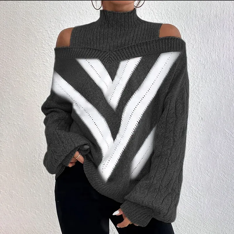 High Collar Geometric Contrast Color Knit Sweater