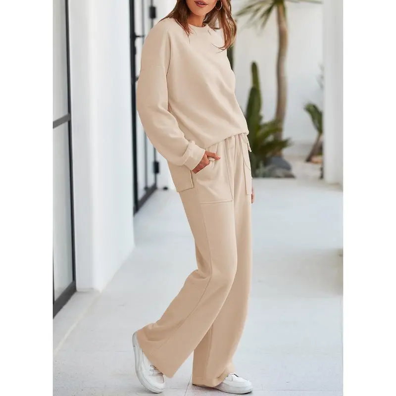 Women's Cotton 2 Piece Outfits Sweatsuit Casual Fall Long Sleeve Knit Tops And Pants Lounge Sets