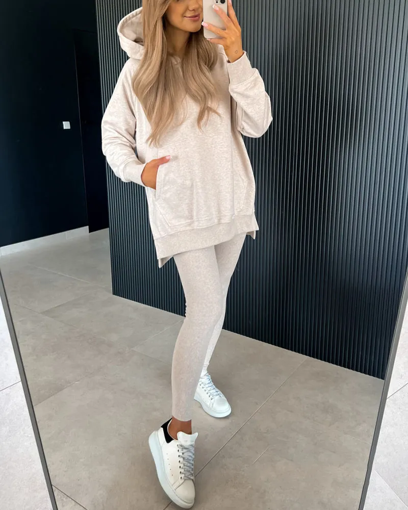 Slit hoodie pencil pants two piece set