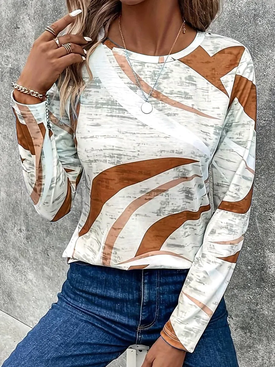 Women's T shirt Long Sleeve Crew Neck Long Sleeve Tunic Casual Print Regular Tops Daily Blue Purple Khaki Spring Fall Prefall