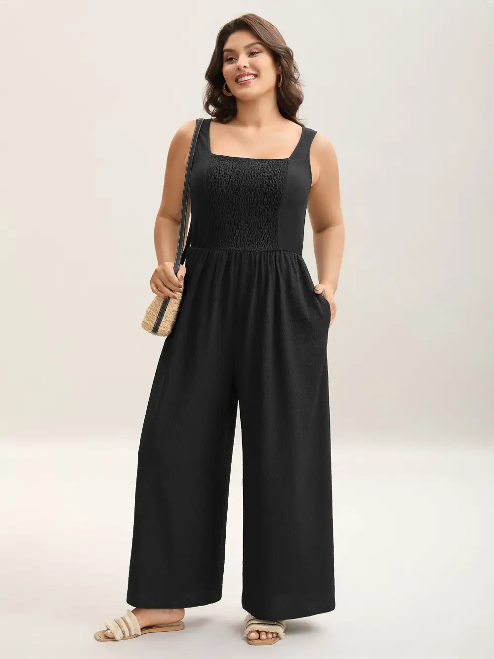 Shirred Pockets Wide-Leg Plain Jumpsuit