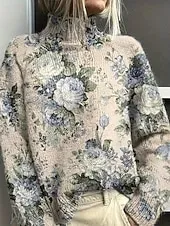 Women's Sweater Casual Soft Floral Graphic Ribbed Turtleneck Floral Knitted Print Long Sleeve Regular Tops Knit Outdoor Daily Weekend Light Blue Fall Winter