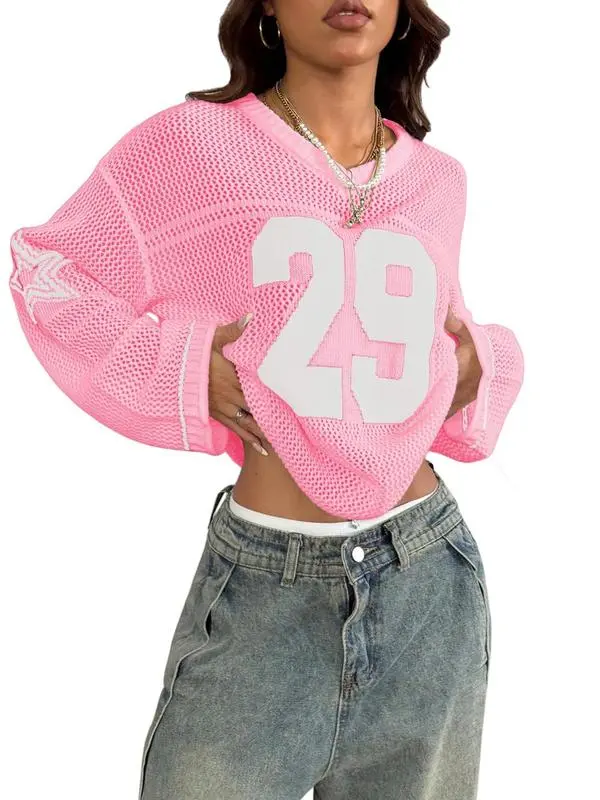 Women’s Colorblock Hollow Out Knit Sweater – Retro Loose Fit Long Sleeve Pullover