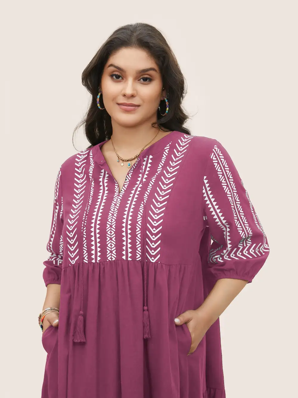 Cotton Geometric Bandana Print Tassel Trim Dress