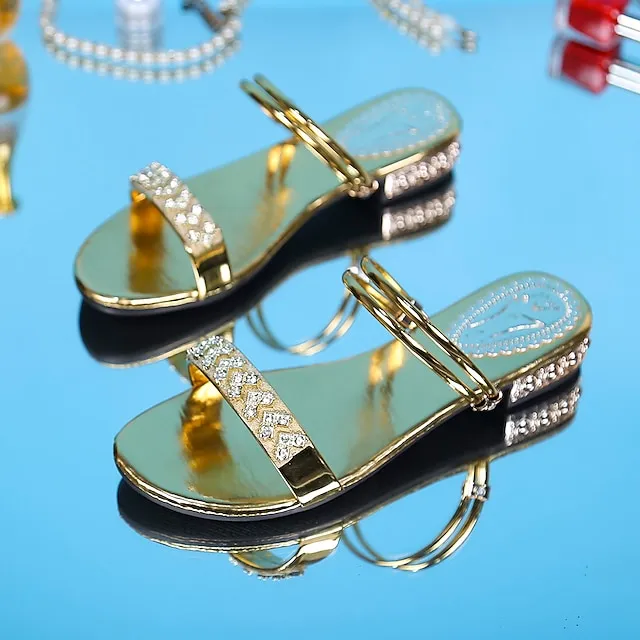Women's Sandals Comfort Shoes Plus Size Wedding Party Daily Summer Rhinestone Low Heel Open Toe Fashion Vintage Elegant Faux Leather Loafer Solid Color Silver Pale Gold Black