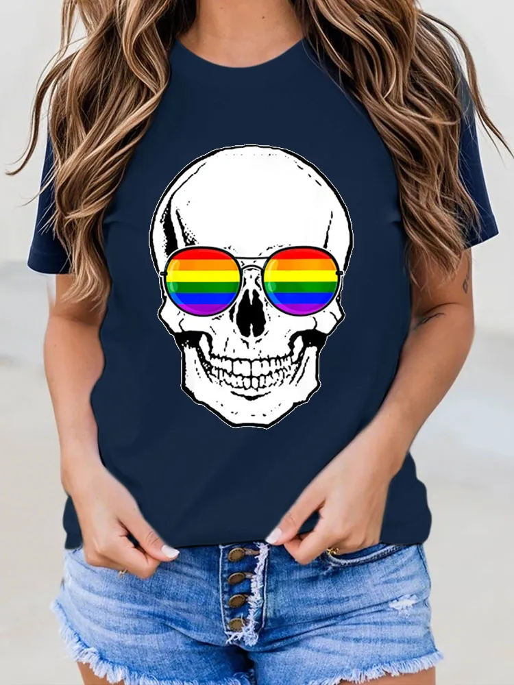 Women'S Gay Pride LGBT Skull With Rainbow Sunglasses T Shirt