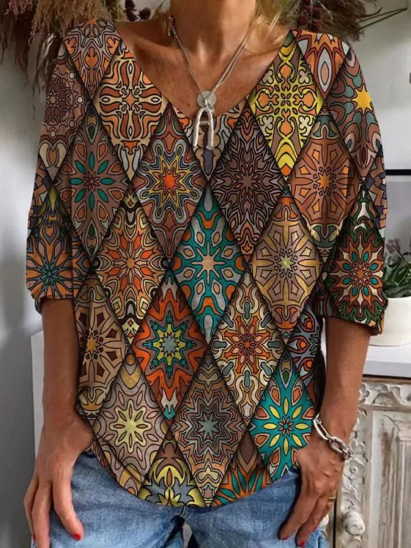 Women's T-Shirts Loose V-Neck Printed Short Sleeve T-Shirt（⚡Clearance Sale）
