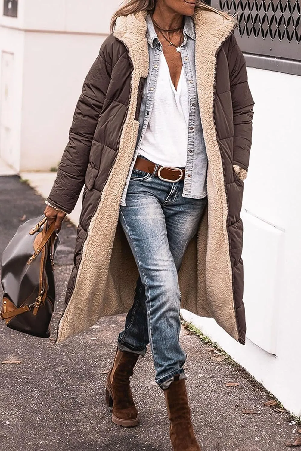 Women's Warm Winter Coats Reversible Sherpa Fleece Long Hooded Puffer Jackets Outerwear
