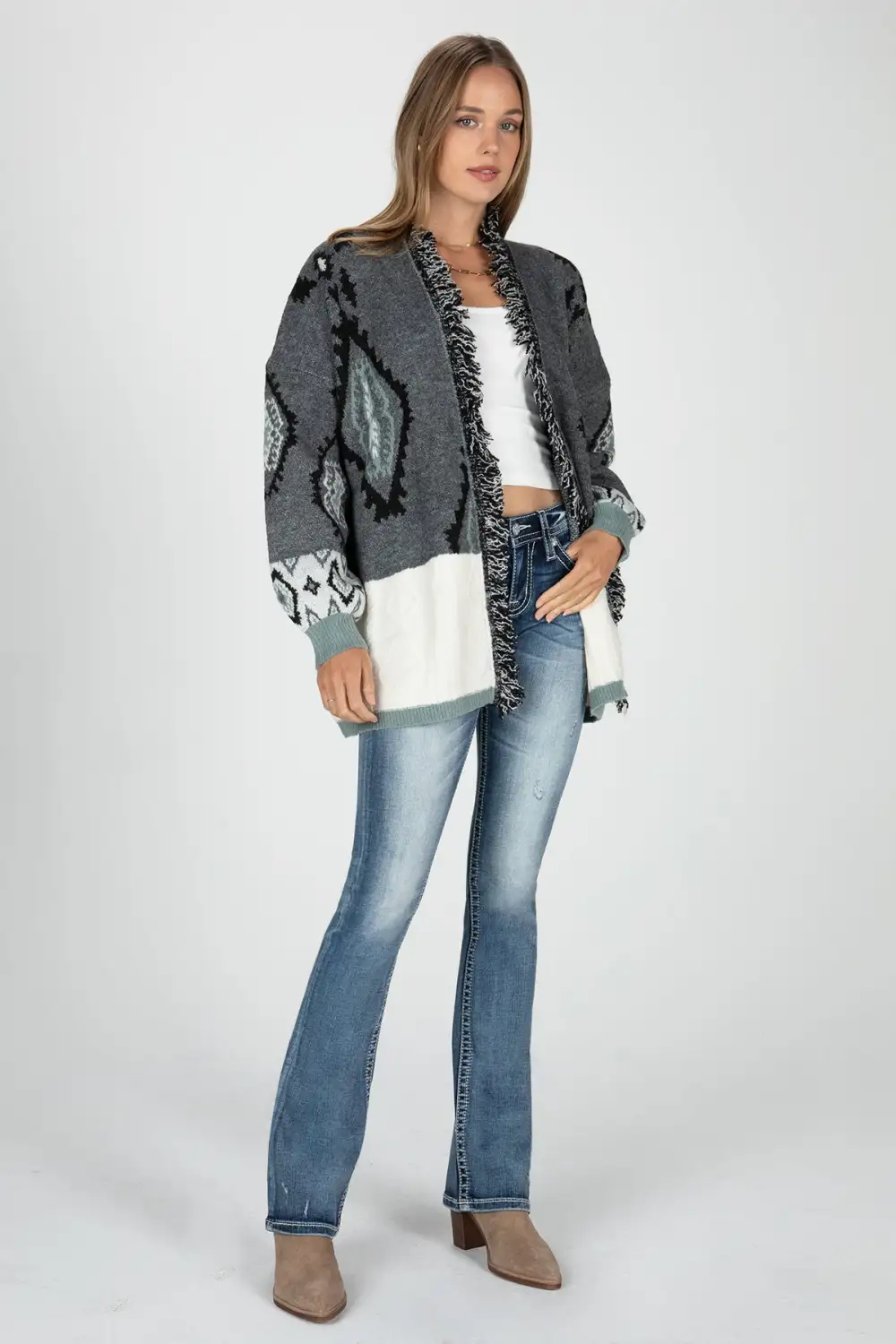 Sweater Block Open Front Aztec Cardigan