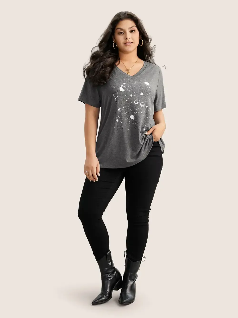 Moon And Star Print V Neck T-Shirt