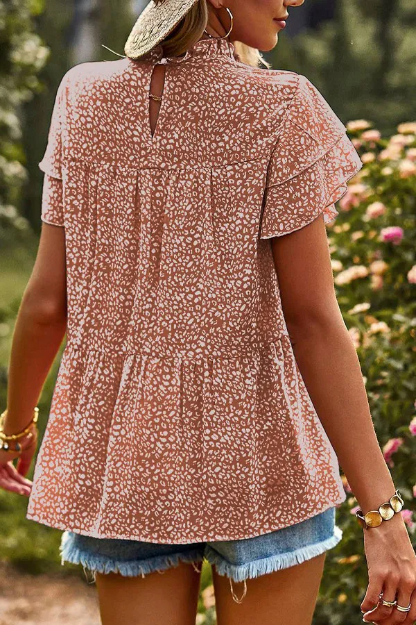 Animal Print Ruffle Chiffon T-Shirt