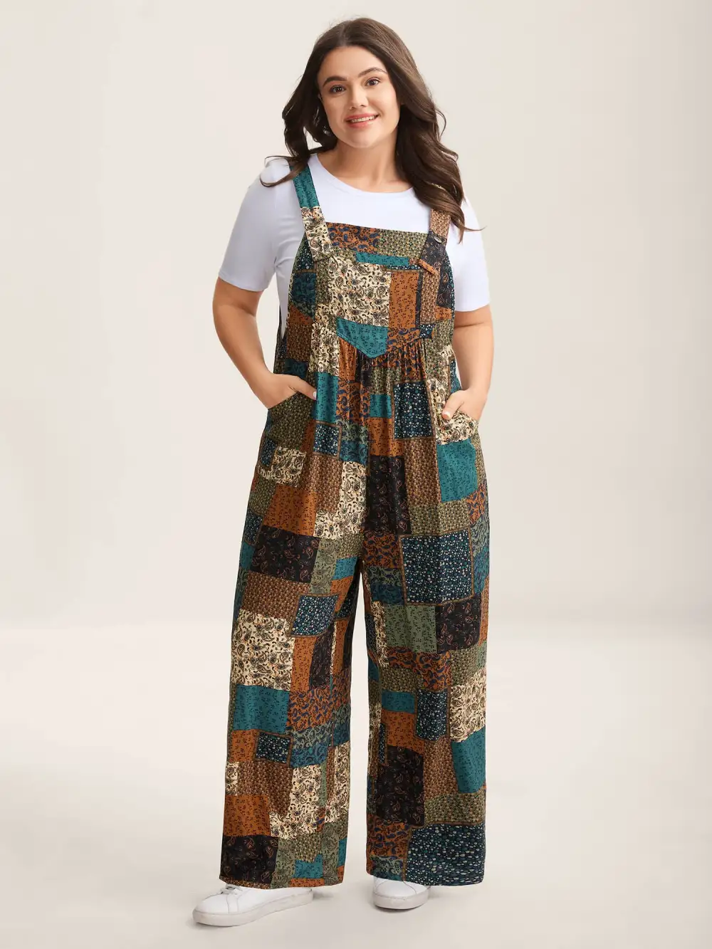 Vintage Boho Collage Overall Straps Jumpsuit