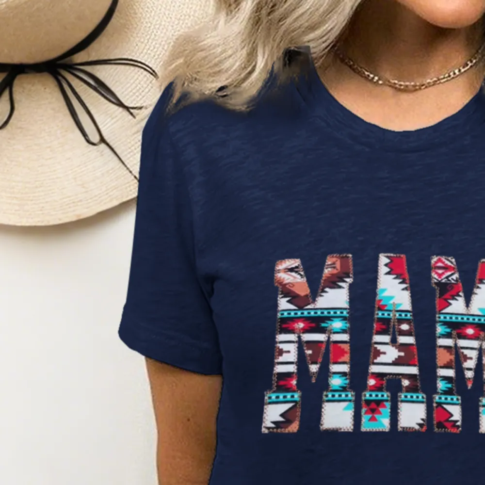 Women'S T-Shirt Cotton Alphabet Print Aztec Print T-Shirt Round Neck MAMA Short Sleeve
