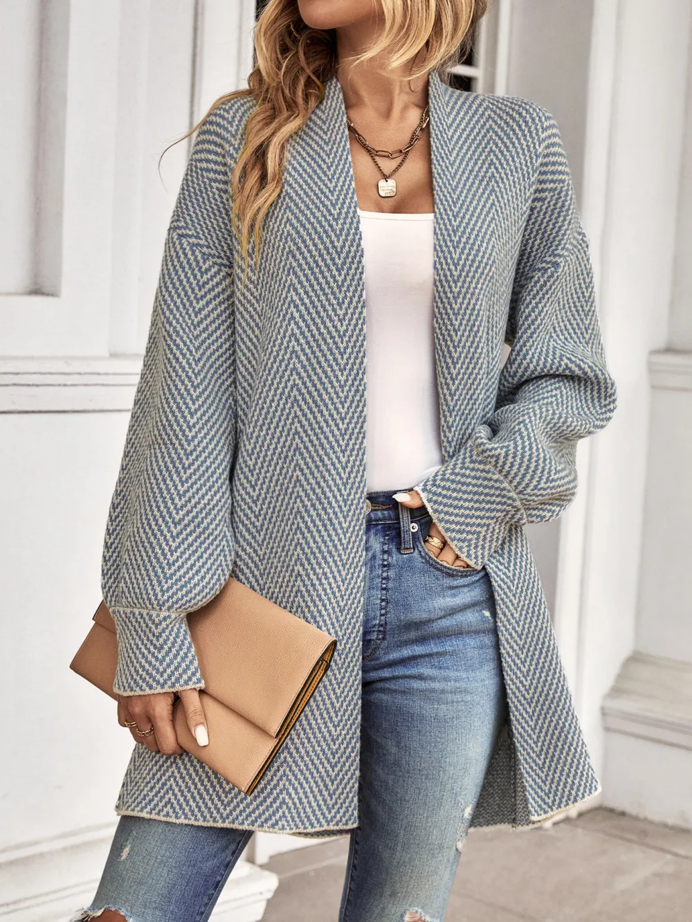 Chevron Pattern Bishop Sleeve Duster Cardigan