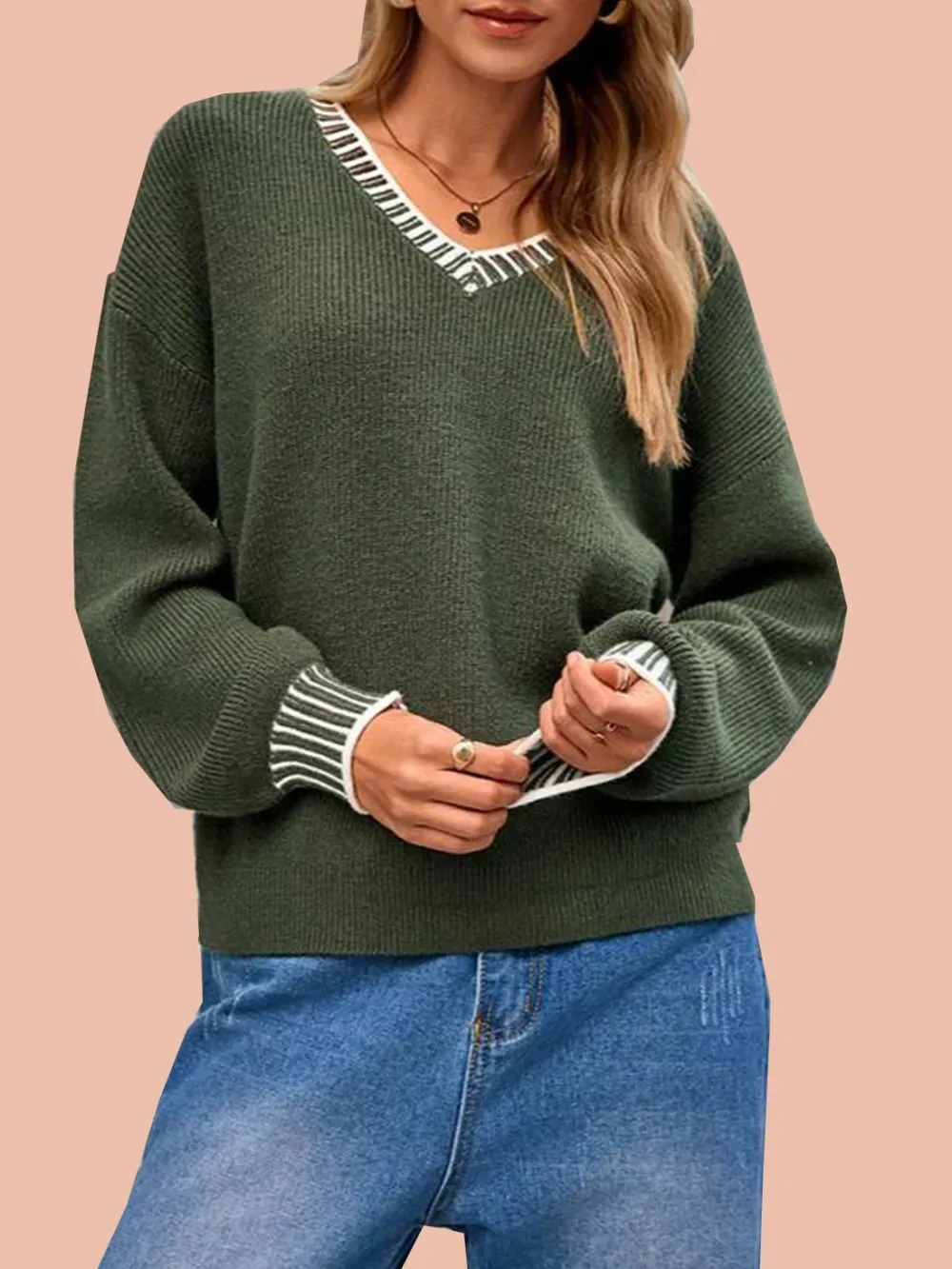 Women's V neck Long Sleeve Pullover Sweaters